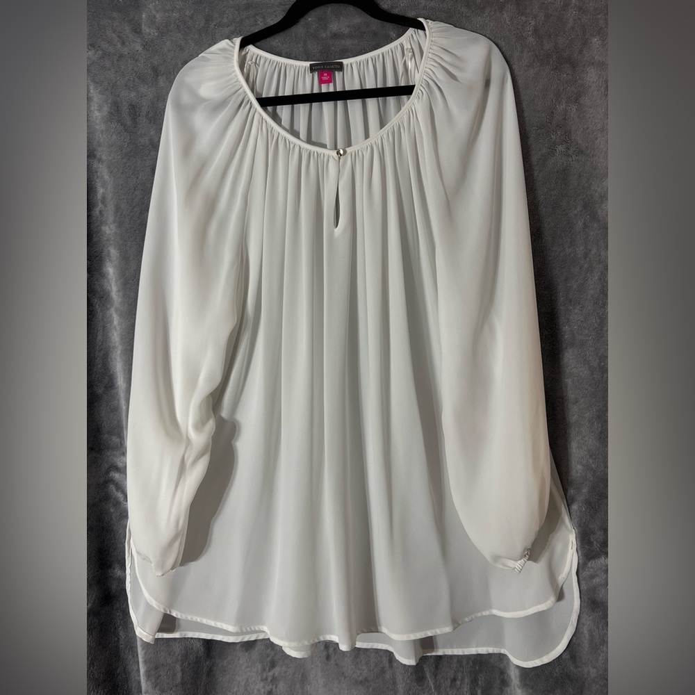 Vince Camuto White Sheer Romantic Vintage Blouse Pleated Sleeve